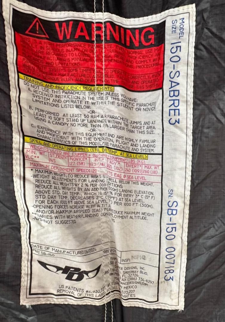 Used PD Sabre 3 main parachute canopy DOM 2024 - Image 4